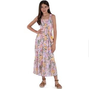 Girls Pink Smocked Floral Maxi Dress Sz 8 Beachy Sleeveless Vacation Resort